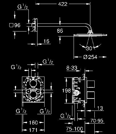 GROHTHERM 3000 COSMOPOLITAN 26 261 000 chrom 1 011,00 Grohtherm 3000 Cosmopolitan Podtynkowy zestaw prysznicowy z deszczownicą F-Series 10 elementy składowe: termostatyczna bateria prysznicowa