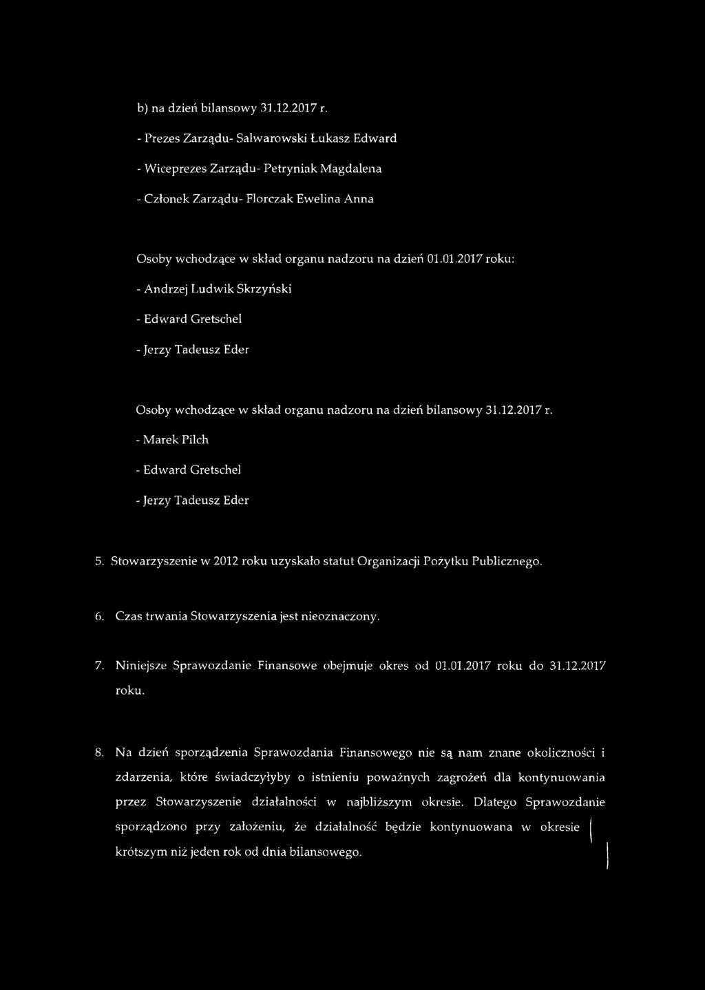 01.2017 roku: - Andrzej Ludwik Skrzyński - Edward Gretschel - Jerzy Tadeusz Eder Osoby wchodzące w skład organu nadzoru na dzień bilansowy 31.12.2017 r. - Marek Pilch - Edward Gretschel - Jerzy Tadeusz Eder 5.