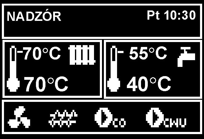 Rys. 11 Widok okna głównego w trybie NADZÓR Regulator samoczynnie wydłuża czas przerwa podawania nadzór o połowę w przypadku, gdy temperatura kotła przekroczy temperaturę zadaną kotła o 3 C oraz