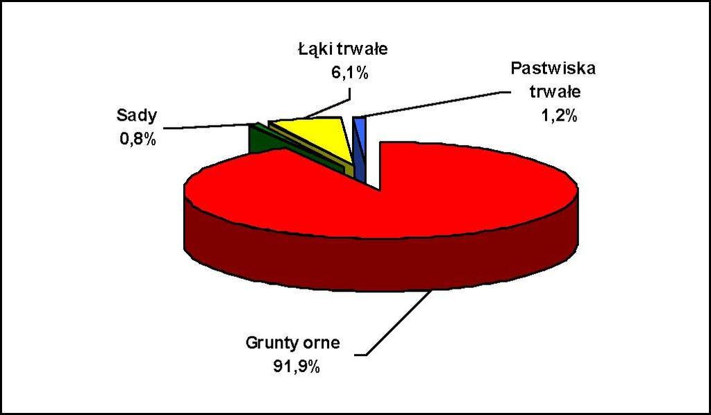 zajmują prawie 92% ich powierzchni i znacznie przekraczają średnią dla kraju i województwa wynoszącą odpowiednio 51% i 57,7%. Strukturę użytków rolnych prezentuje Wykres 2. Wykres 2. Struktura użytków rolnych.