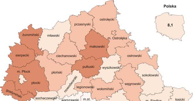 Stopa bezrobocia rejestrowanego w końcu marca br. wyniosła 7,0% i była niższa niż w kraju (średnia 8,1%). W skali roku obniżyła się o 1,4 p. proc.