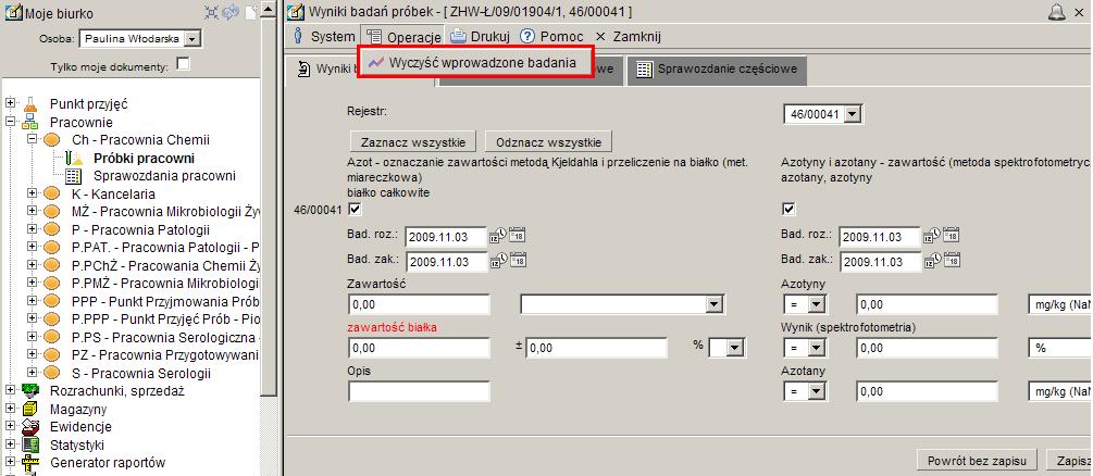 W oknie Próbki, znajduje się pasek standardowego menu rozwijanego (System, Operacje, Drukuj, Dostosuj, Pomoc).