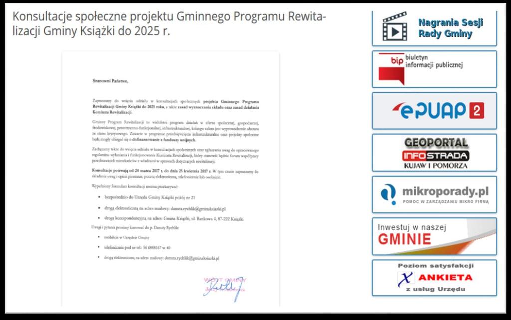 Zdjęcie 9. Informacja o konsultacjach społecznych na stronie internetowej gminy Źródło: http://www.gminaksiazki.pl. Konsultacje trwały 33 dni kalendarzowe, od 24 marca 2017 do 25 kwietnia 2017.