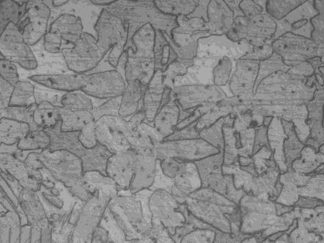 Leaded brass microstructure, graphite mould, HNO 3 etched, a) non-modified (cast 1), b) modified with B+Ti+P (cast 13) Tabela 3. Wpływ modyfikatorów na mikrostrukturę MO59 Table 3.