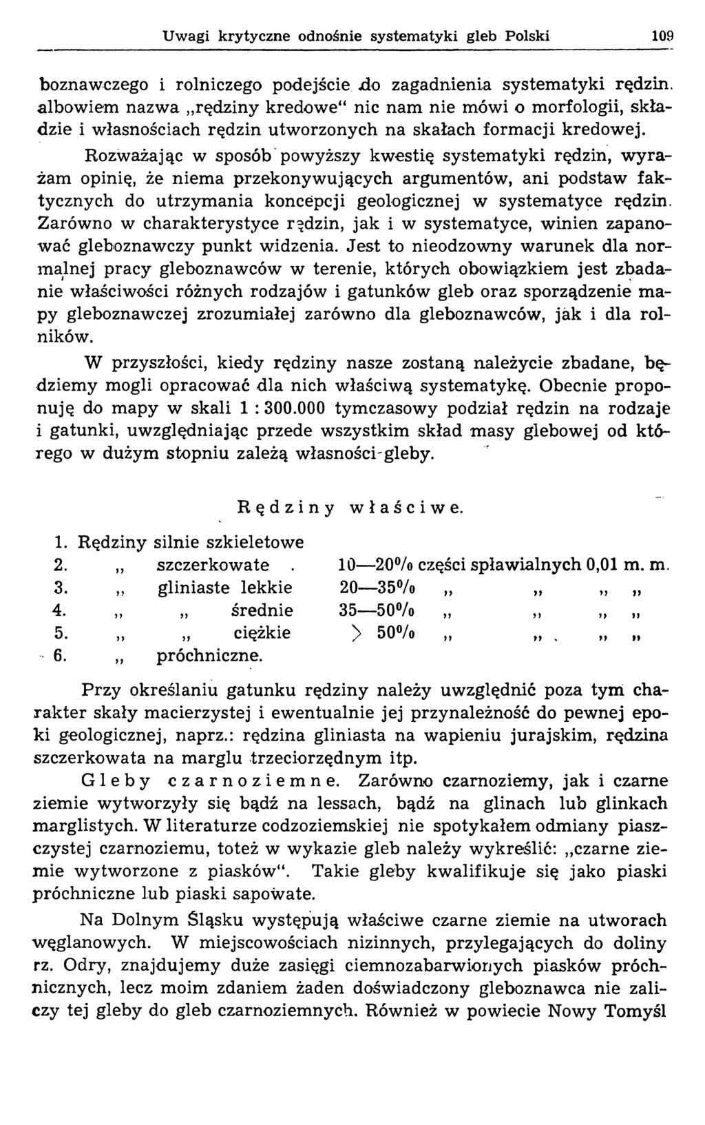 Uwagi krytyczne odnośnie systematyki gleb Polski 109 boznawczego i rolniczego podejście jdo zagadnienia systematyki rędzin, albowiem nazwa rędziny kredow e nic nam nie mówi o morfologii, składzie i