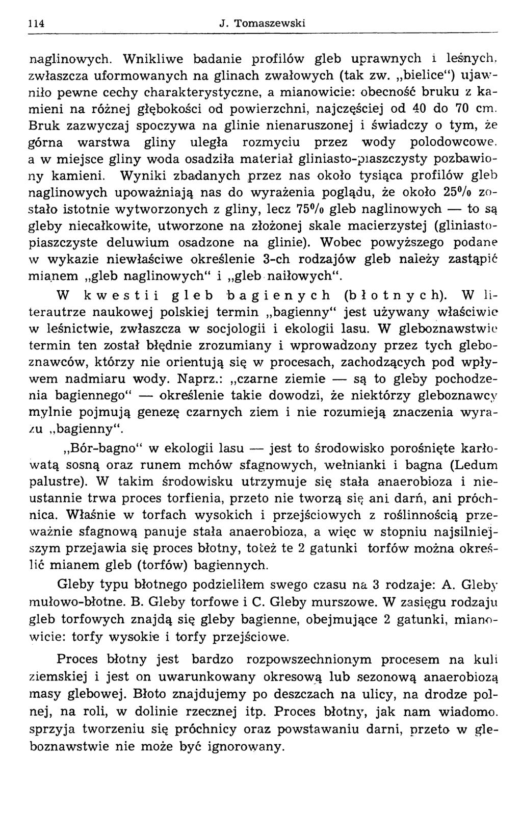 114 J. Tomaszewski naglinowych. Wnikliwe badanie profilów gleb uprawnych i leśnych, zwłaszcza uformowanych na glinach zwałowych (tak zw.