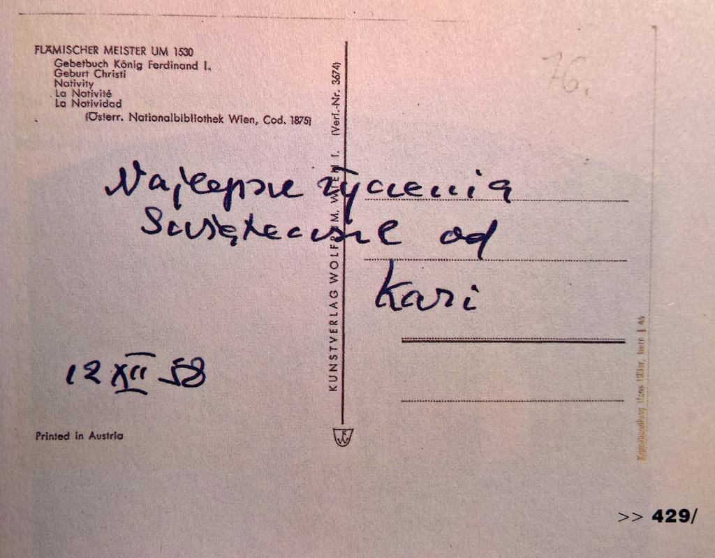 W jednym z listów do siostry wspomina niby mimochodem, ale już na wstępie: mam w ewidencji list Twój z 6 bm. oraz kartki z 10 i 13 ( ) 44. K.