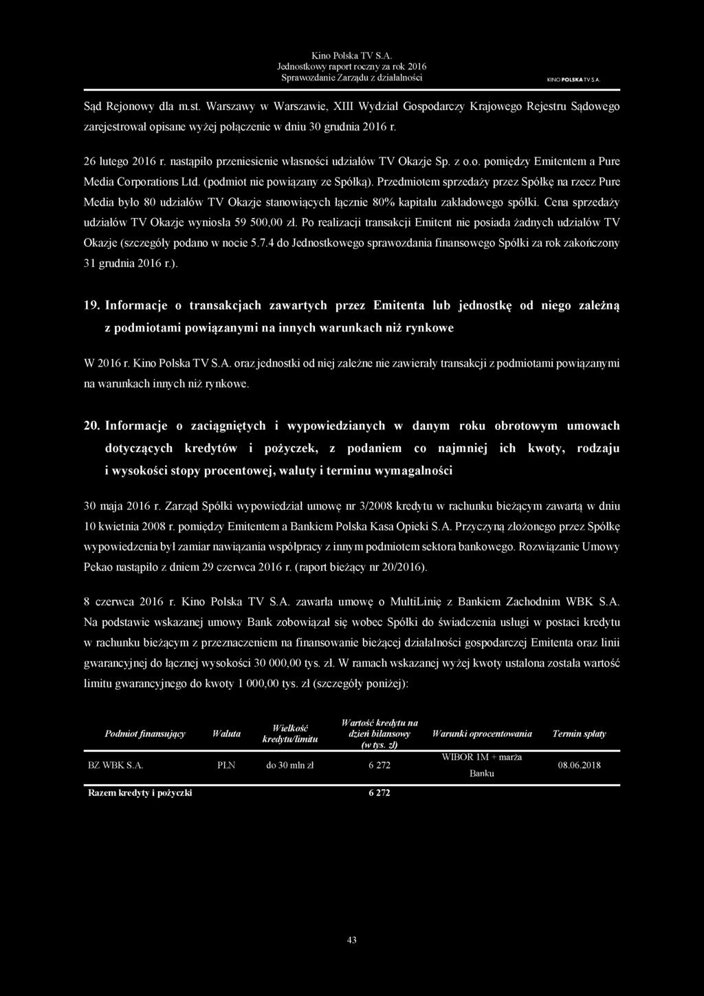 Przedmiotem sprzedaży przez Spółkę na rzecz Pure Media było 80 udziałów TV Okazje stanowiących łącznie 80% kapitału zakładowego spółki. Cena sprzedaży udziałów TV Okazje wyniosła 59 500,00 zł.