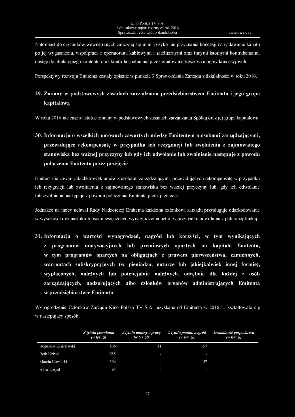 kontrola spełniania przez emitowane treści wymogów koncesyjnych. Perspektywy rozwoju Emitenta zostały opisane w punkcie 3 Sprawozdania Zarządu z działalności w roku 2016. 29.