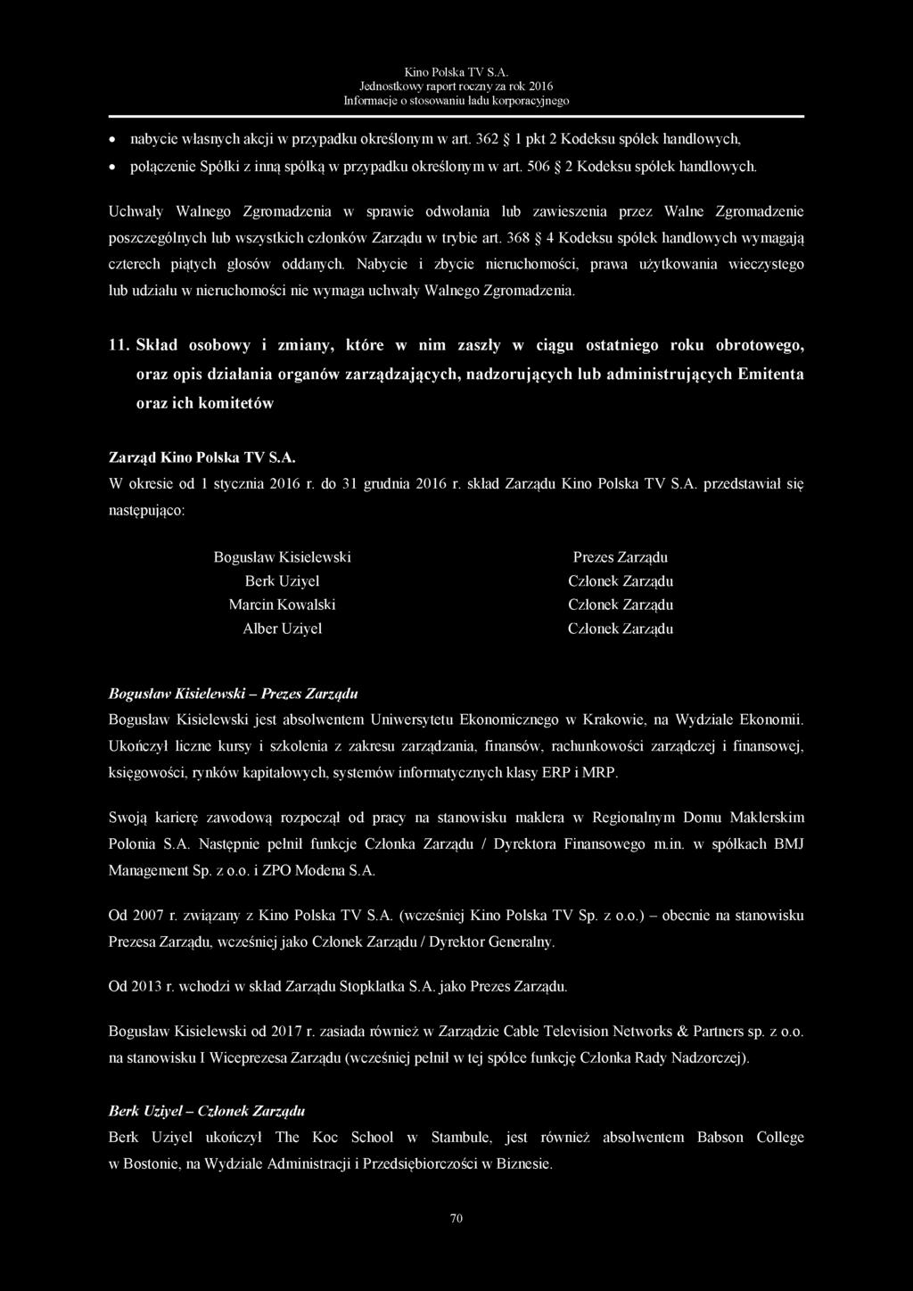 Jednostkowy raport roczny za rok 2016 Informacje o stosowaniu ładu korporacyjnego nabycie własnych akcji w przypadku określonym w art.