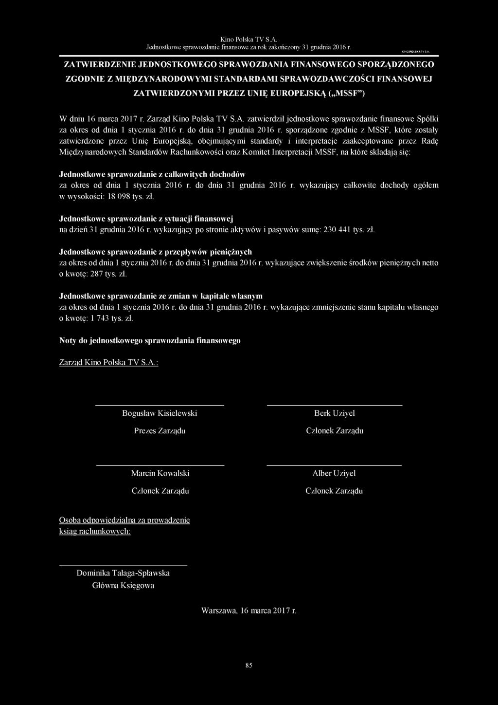 ZATWIERDZENIE JEDNOSTKOWEGO SPRAWOZDANIA FINANSOWEGO SPORZĄDZONEGO ZGODNIE Z MIĘDZYNARODOWYMI STANDARDAMI SPRAWOZDAWCZOŚCI FINANSOWEJ ZATWIERDZONYMI PRZEZ UNIĘ EUROPEJSKĄ ( MSSF ) W dniu 16 marca
