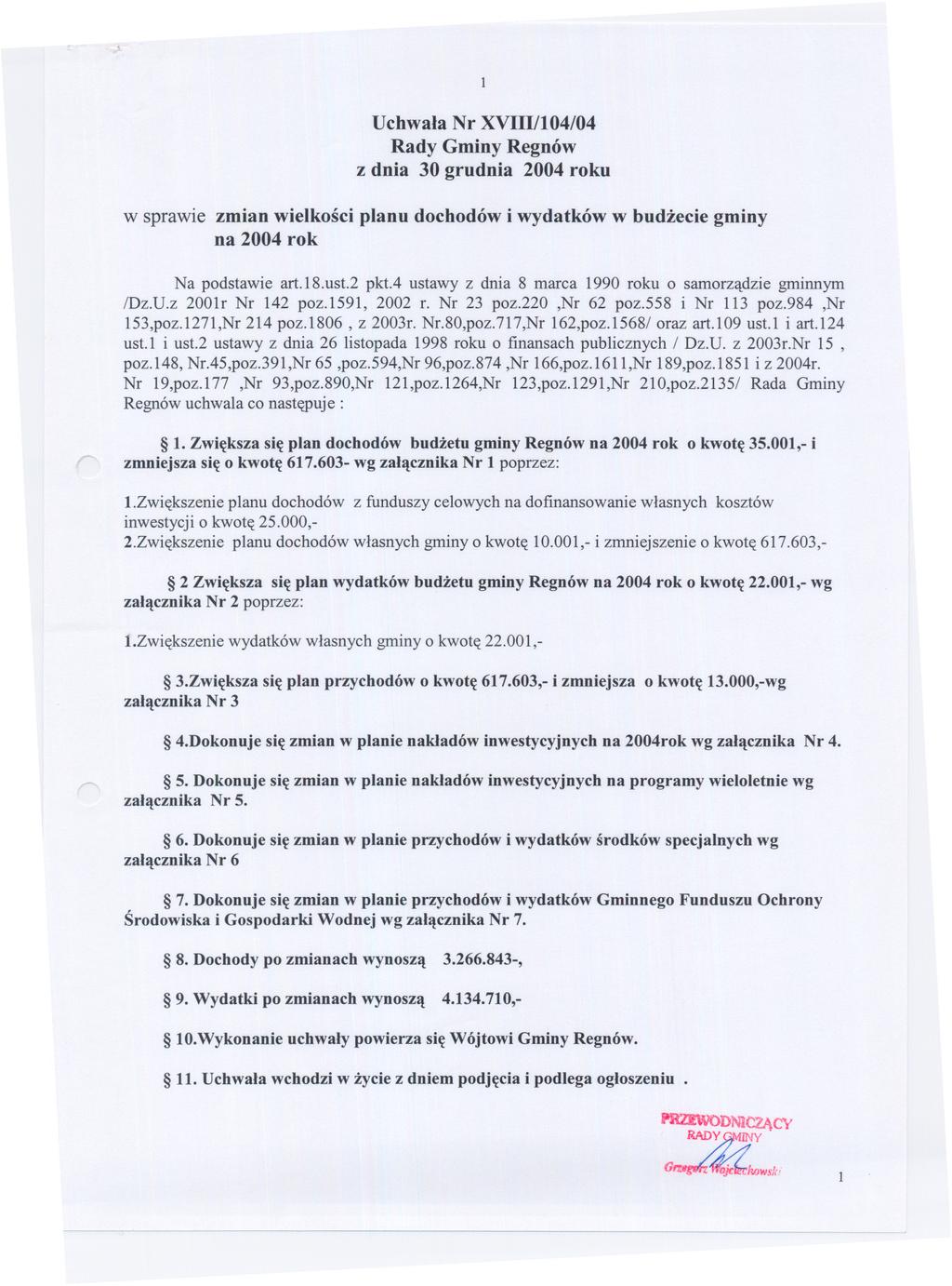 Uchwala Nr XVIII/I04/04 Rady Gminy Regnów z dnia 30 grudnia 2004 roku w sprawie zmian wielkosci planu dochodów i wydatków w budzecie gminy na 2004 rok Na podstawie art.18.ust.