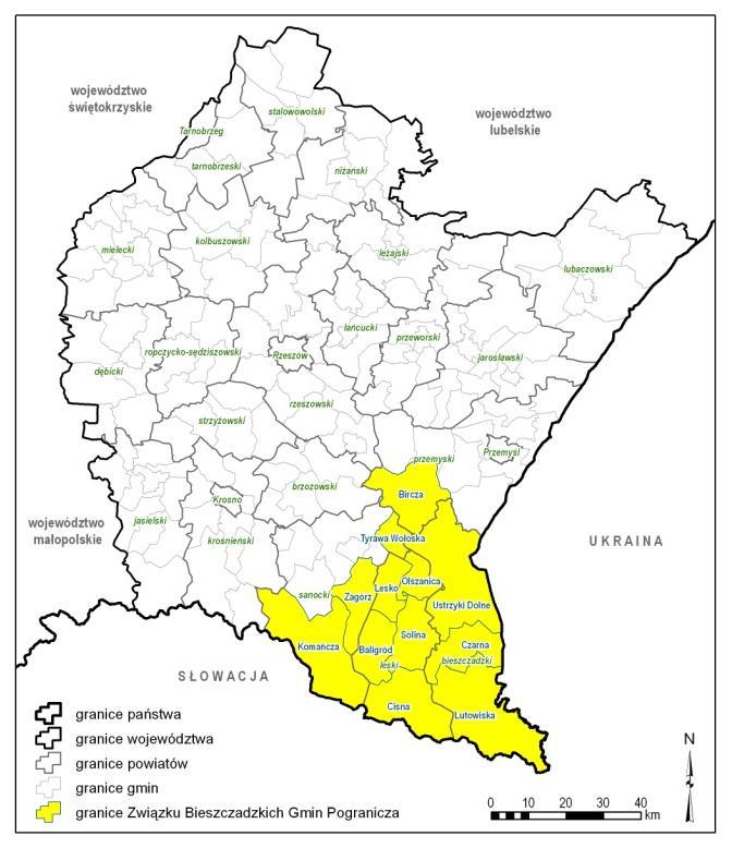 Tabela 1 Struktura wielkościowa Gmin Związku Bieszczadzkich Gmin Pogranicza Gmina Powierzchnia Ludność Gęstość zaludnienia (w km 2 )