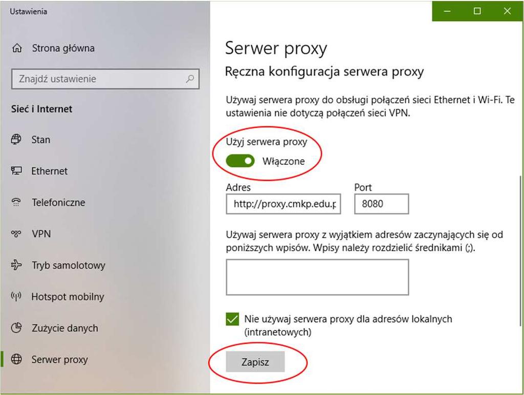 5. W okienku, które się pojawi, w sekcji Ręczna konfiguracja serwera proxy zaznacz Użyj serwera proxy i wprowadź adres: proxy.cmkp.edu.pl, oraz port 8080 6.