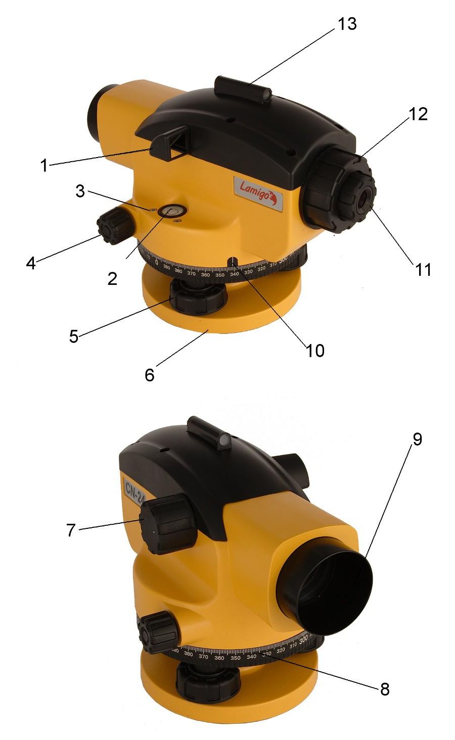 OPIS NIWELATORA 1. Lusterko libelki 8. Kątomierz 2. Libelka pudełkowa 9. Obiektyw 3. Śruba ustawcza libelki pudełkowej 10.