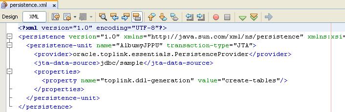 c) Obejrzyj zawartość wygenerowanego przez kreator pliku persistence.xml w trybie XML.