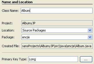 Pozostaw Long jako typ klucza głównego (Primary Key Type). Kliknij przycisk Finish. c) Przejdź do edycji utworzonego pliku Album.java.