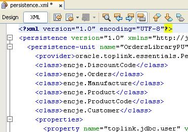 f) Obejrzyj wynik działania kreatora. Rozwiń drzewo projektu i obejrzyj wygenerowane klasy encji. Obejrzyj zawartość pliku persistence.xml w trybie XML.