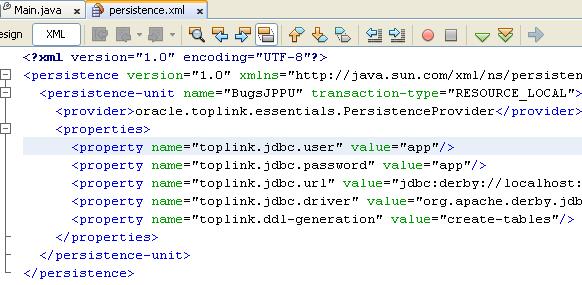 właściwość toplink.jdbc.user i toplink.jdbc.password mają wartość app i jeśli nie to popraw zawartość pliku. 3. Utworzenie klasy encji Bug. Z każdym albumem będzie związany jeden wykonawca.