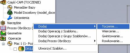 Planowanie czoła detalu W Menedżezrze SolidCAM kliknij prawym przyciskiem myszy ikonę ostatnio utworzonej operacji wiertarskiej.