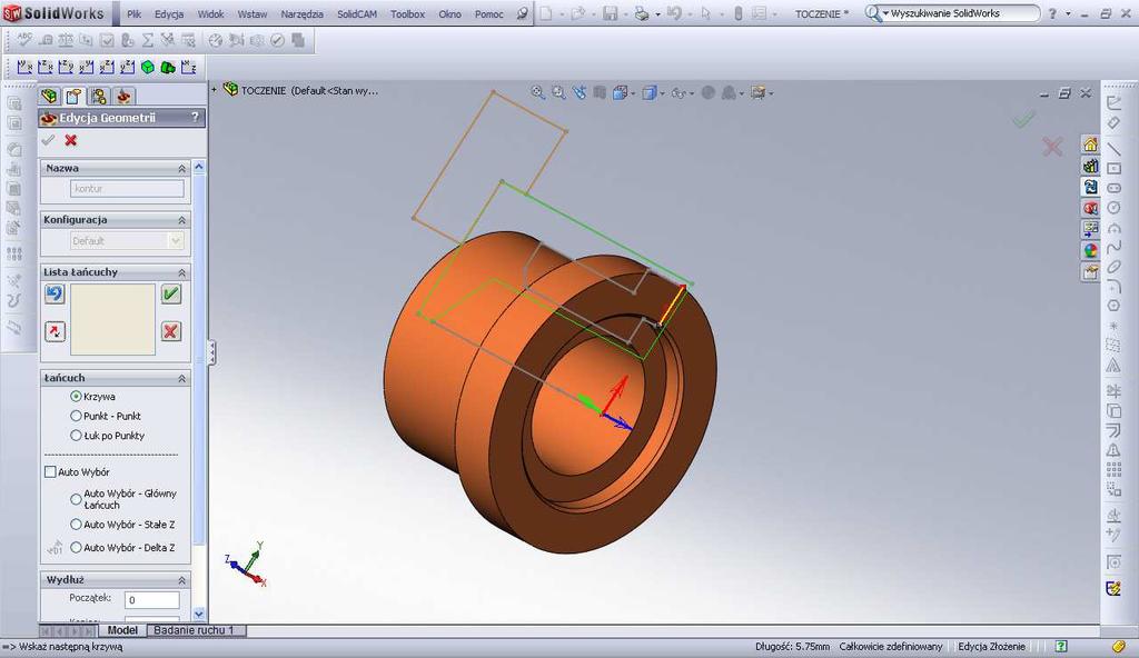 1. Aby wskazać geometrię, kliknij segment szkicu pokazany poniżej. Zwróć uwagę na kierunek geometrii. Dla tej Operacji kierunek geometri musi być skierowany do osi przedmiotu.