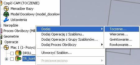 Usunięcie materiału zewnętrznej średnicy detalu W Menedżerze SolidCAM kliknij prawym przyciskiem myszy ikonę ostatnio utworzonej operacji toczenia.