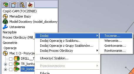 Usunięcie materiału z wewnętrznej średnicy detalu W Menedżerze SolidCAM kliknij prawym przyciskiem myszy ikonę ostatnio utworzonej operacji toczenia.