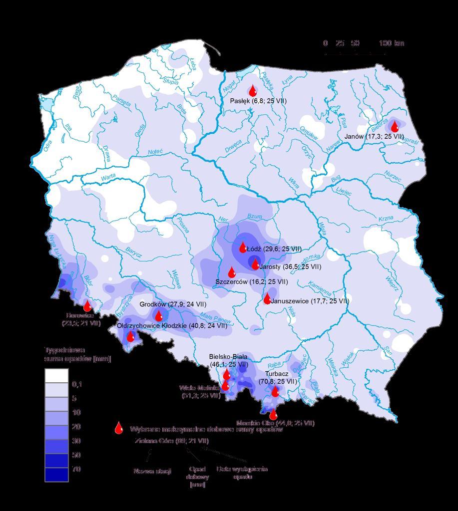 3. Rozkład tygodniowej sumy opadów oraz wybrane maksymalne