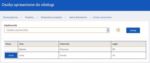 Przypisanie użytkownika do obsługi projektu odbywa się z poziomu karty danego wniosku o dofinansowanie (Strona główna-> Projekty-> Dokumenty projektu-> Karta dokumentu-> przycisk Osoby uprawnione).