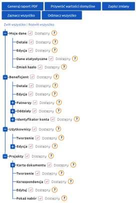 Dla użytkowników typu Subkonto uprawnienia dotyczą trzech obszarów systemu: Moje dane, Beneficjent, i Projekty.