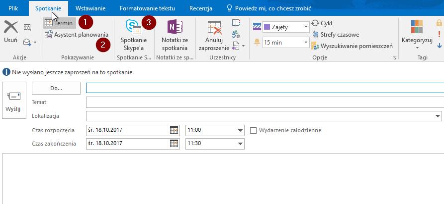Planując nowe spotkanie możemy skorzystać z tradycyjnej metody (1), gdzie to my podajemy dokładny termin i zapraszamy uczestników lub użyć asystenta planowania (2), który pomoże w