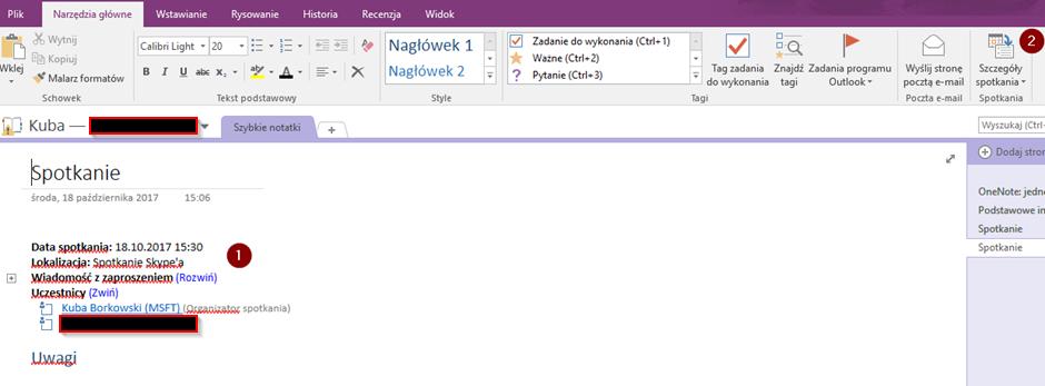 W Widoku spotkania klikamy na Notatki ze spotkania (1) i wybieramy opcję Udostępnij notatki na spotkaniu (2) Po wybraniu odpowiedniej strony lub sekcji, w której ma powstać nowa strona zostanie