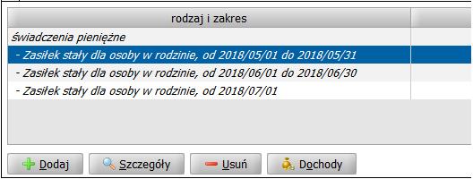 W wywiadzie przeprowadzonym tradycyjnie: W obu przypadkach, przycisk nie jest dostępny dla pracy socjalnej, ani dla składki od zasiłku stałego (składka od zasiłku stałego korzysta z ustawień dochodów