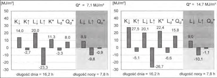 Pomiary mikroklimatyczne, gradientowe i bilansu promieniowania... 161 Ryc. 3. Struktura bilansu promieniowania w dniu pochmurnym 18.06.2000 (po lewej) oraz w dniu pogodnym 19.06.2000 (po prawej).
