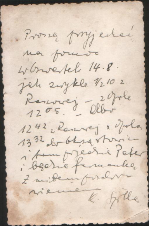 Odręczne pismo ks. Spilli. Dotyczy pomocy w dojeździe do/ze stacji PKP Raszowa. Data 14 VIII ( 1945?) może sugerować, że chodzi o przeprowadzkę księdza na nową placówkę.
