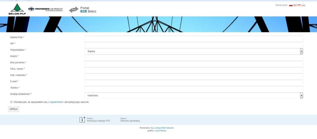 Uzupełniamy pola formularza rejestracyjnego, zapoznajemy się z regulaminem korzystania z portalu B2B, który jest umową pomiędzy stronami, po czym akceptujemy warunki regulaminu i klikamy przycisk