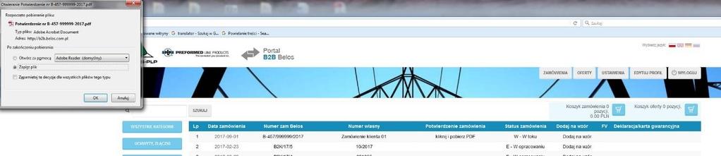 Klikając na potwierdzenie zamówienia, możemy je otworzyć lub zapisać. Do wykonania takiej operacji potrzebne jest oprogramowanie Adobe Acrobat Reader.