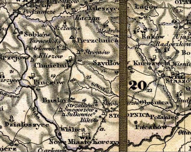 Ryc. 6. Pińczów w ramach powiatu stopnickiego na mapach z 1846 i 1860 r.
