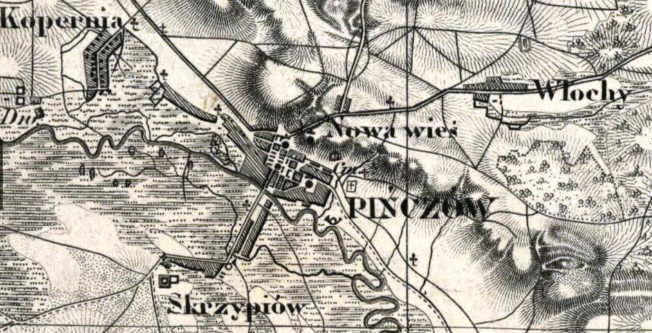 Ryc. 7. Pińczów na mapie z 1843 r. (Topograficzna Karta Królestwa Polskiego). Źródło: https://polona.