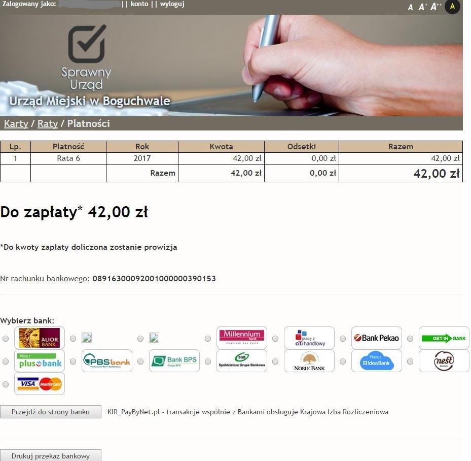 Po przekierowaniu na stronę naszego banku dokonujemy płatności, po zakończeniu zostajemy automatycznie przekierowani do serwisu enależności gdzie możemy dokonywać kolejnych operacji. 2.