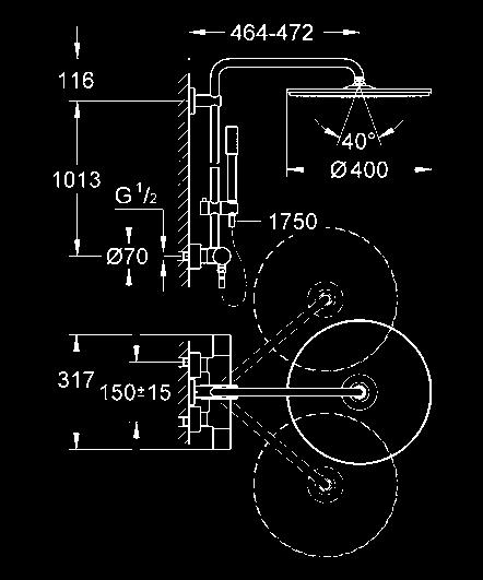 RAINSHOWER PRYSZNICOWE 27 174 001 chrom 1 199,00 Rainshower System 400 System prysznicowy z termostatem do montażu ściennego poziome obrotowe ramię 450 mm termostat natynkowy z funkcją Aquadimmer