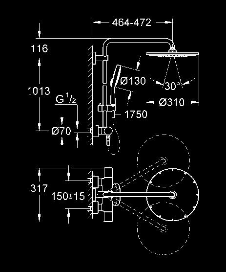 RAINSHOWER PRYSZNICOWE 27 968 000 chrom 1 099,00 Rainshower System 310 System prysznicowy z termostatem do montażu ściennego poziome obrotowe ramię 450 mm termostat natynkowy z funkcją Aquadimmer