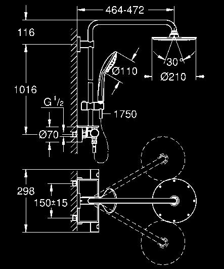 Cube Stick (27 698 000) z regulacją za pomocą przesuwnego uchwytu prysznicowego (12 140 000) wąż prysznicowy Silverflex 1750 mm (28 388 000) głowica termostatyczna z GROHE TurboStat Twistfree system