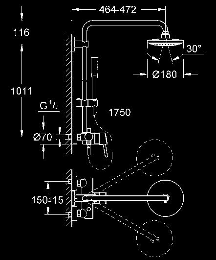 110 Massage (27 239 000) z regulacją za pomocą przesuwnego uchwytu prysznicowego (12 140 000) wąż prysznicowy Silverflex 1750 mm (28 388 000) głowica ceramiczna 46 mm z GROHE SilkMove Twistfree