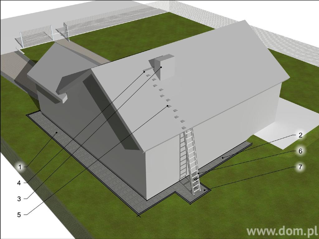 Opaska brukowa mająca również dodatkowe funkcje. rys. Buszrem 1. Poszerzona do 100cm szerokości opaska stanowiąca dodatkowe techniczne przejście między garażem a ogrodem 2.