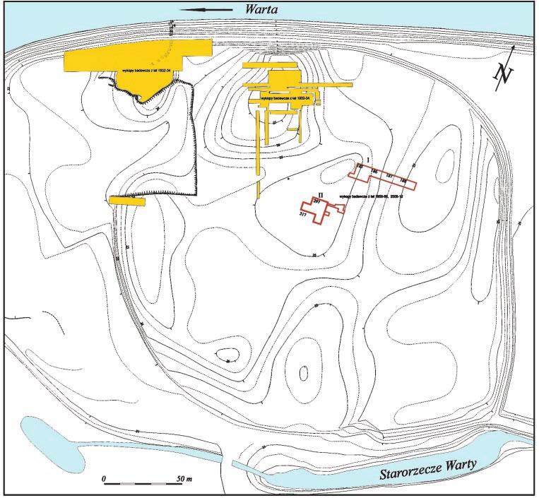Ryc. 2. Plan warstwicowy grodziska w Santoku z zaznaczonymi wykopami archeologicznymi, oprac. J. Sawicka Fig.