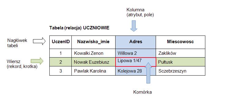 Tabele: W relacyjnych bazach danych: Tabela powinna mieć unikatową nazwę w całej bazie. Każda kolumna tabeli powinna posiadać nazwę unikatową w danej tabeli i mieć zdefiniowany typ danych.