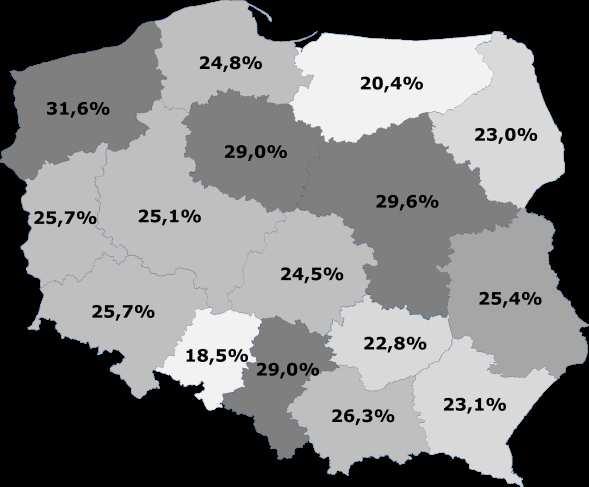 na 100 km długości dróg Udział wypadków