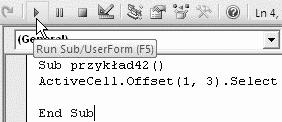 98 VBA dla Excela 2007 PL. 88 praktycznych przykładów Rysunek 7.26. Zaznaczona jest komórka A1. Treść została wpisana do komórki odległej o zadane przesunięcie Rysunek 7.27.