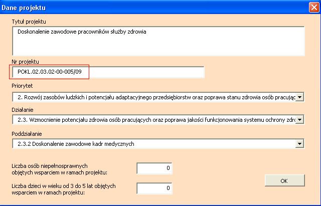 W pole Numer projektu naleŝy wprowadzić numer nadany przez instytucję (przyjmującą wniosek o dofinansowanie projektu) w piśmie informującym o wynikach oceny formalnej zaczynający się od symbolu